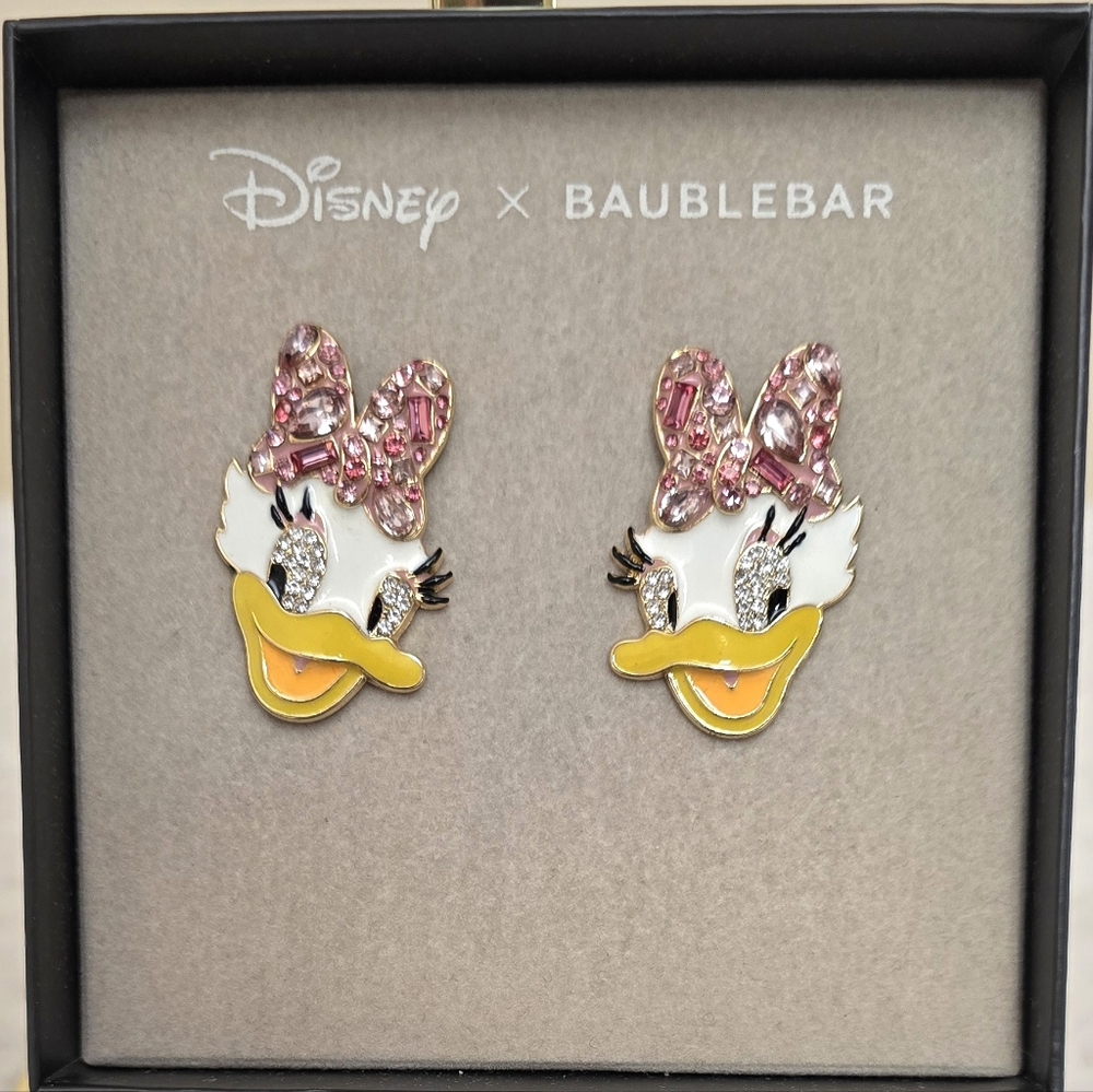 Disney x BaubleBar Daisy Duck Crystal Bow Stud Earrings Pink Gold Tone NWT Box